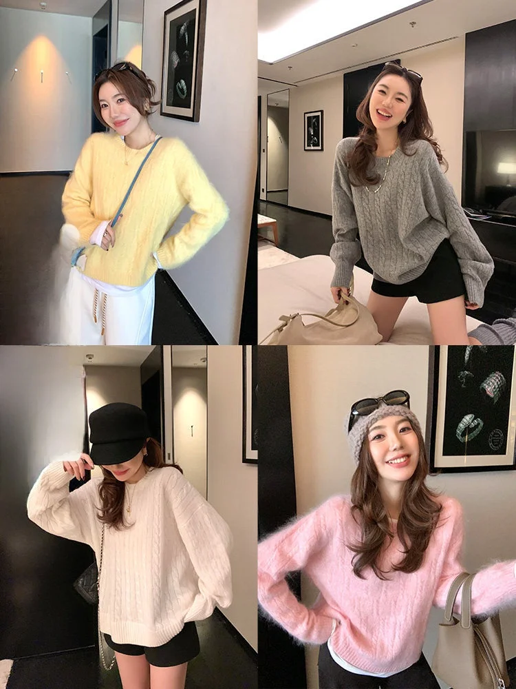 Suéter de Lana Vintage con Diseño de Nieve y Besos de Queso, Tejido Trenzado, Largo, para Mujer, para el Trabajo, Suave, Cálido, Color Puro, Cuello Redondo