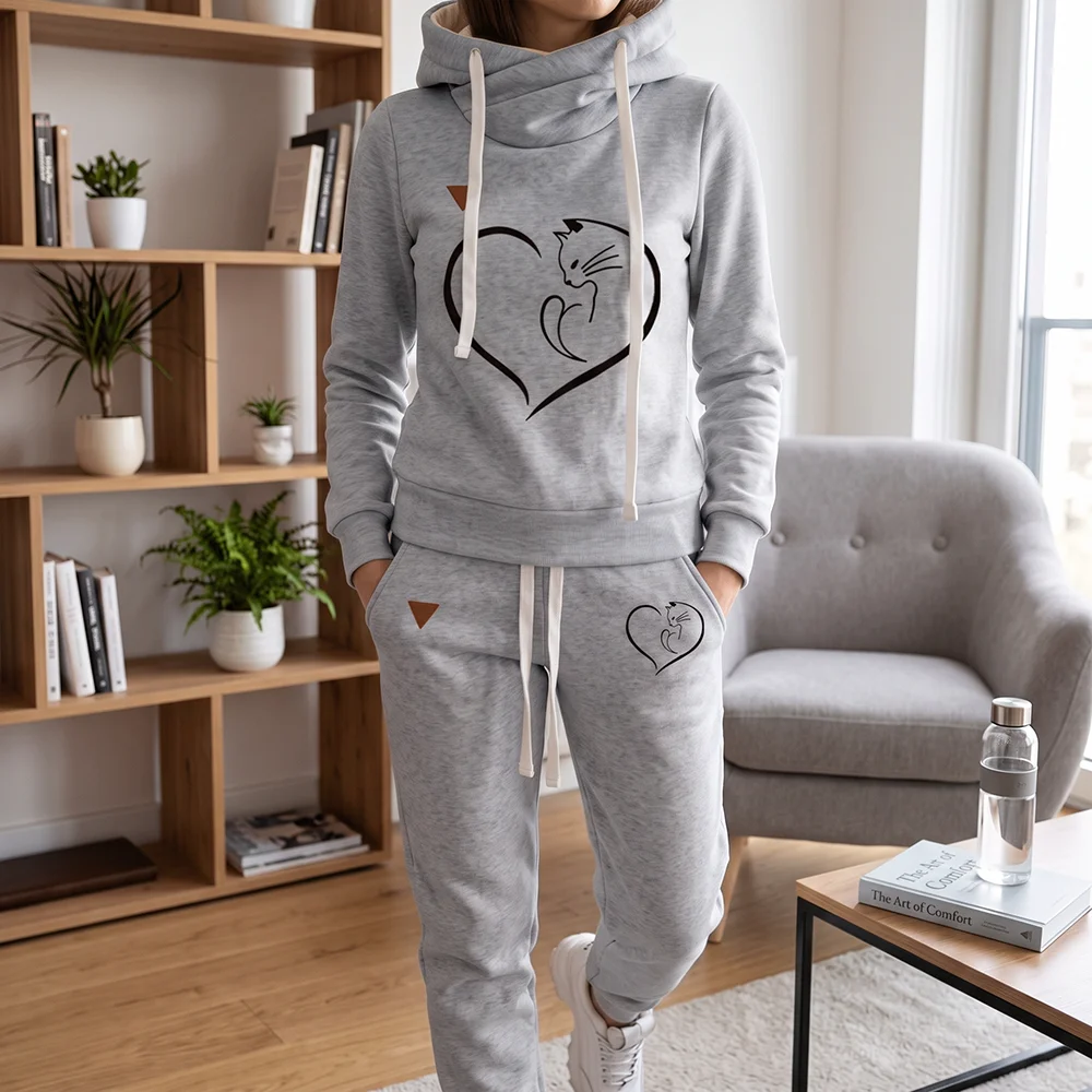 Autumn Winter Women Tracksuit 2 Piece Set Cute Cat Heart Print Fleece Warm Hoodie and Sweatpants Casual Sportswear Jogger Outfit - view 4