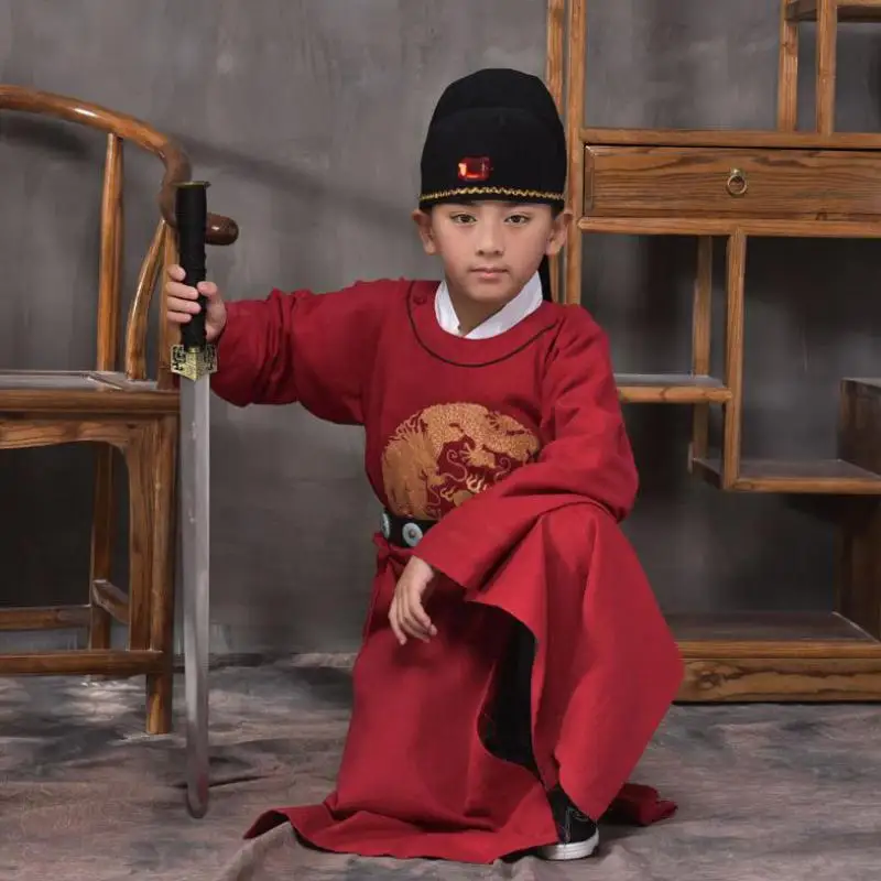 

Boys Autumn New Chinese Style Traditional Ancient Dragon Hanfu Children Vintage Retro Red Clothes Role Play Costume Clothing