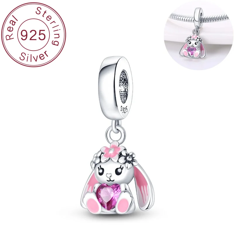 

925 pure silver bead flower rabbit heart pendant suitable for bracelets, necklaces, pendants, women's DIY jewelry gifts
