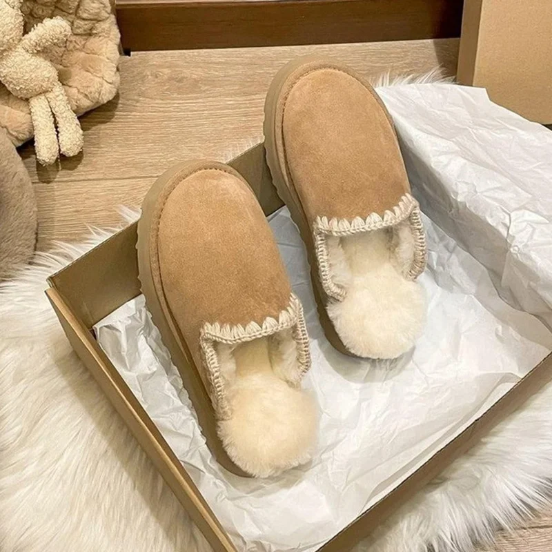 Fur Shoes Mules For Women 2023 House Slippers Platform Med Cover Toe Slides Plush Flat Rome Fabric Rubber PU Shearling Snow