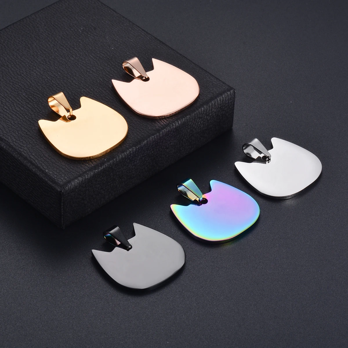 5Pcs Good Quality Cat Shape Pendant Charm Cat ID Stainless Steel Blank Cat Tags 5 colors Both side Polished