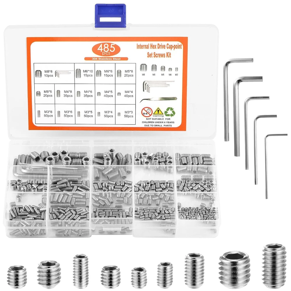 

485pcs 304 Stainless Steel Hexagon Socket Machine Meter Screws Headless Stop Set Screws DIN916 Hexagon Socket Machine Screws