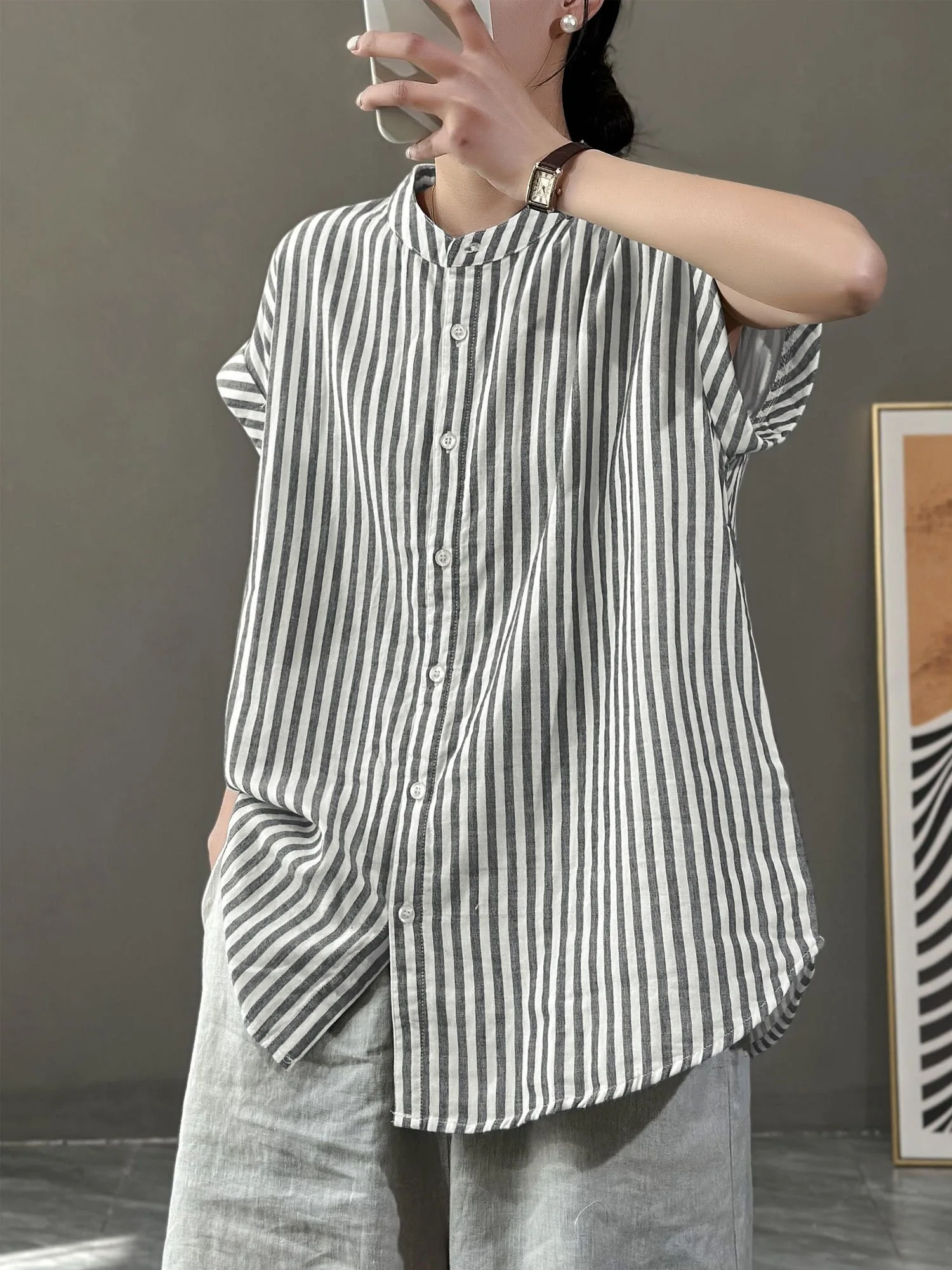 

Повседневный хлопковый льняной полосатый воротник-стойка, женский летний свободный льняной топ для похудения с тонкими пуговицами