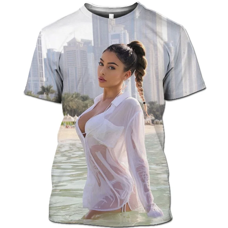 Hawaii Sandy Beach FashionT Shirt Bikini Naked Model BBW T-shirt 3D Printed Women Top Tee Sexy Swimsuit Hentai Girl Short Sleeve