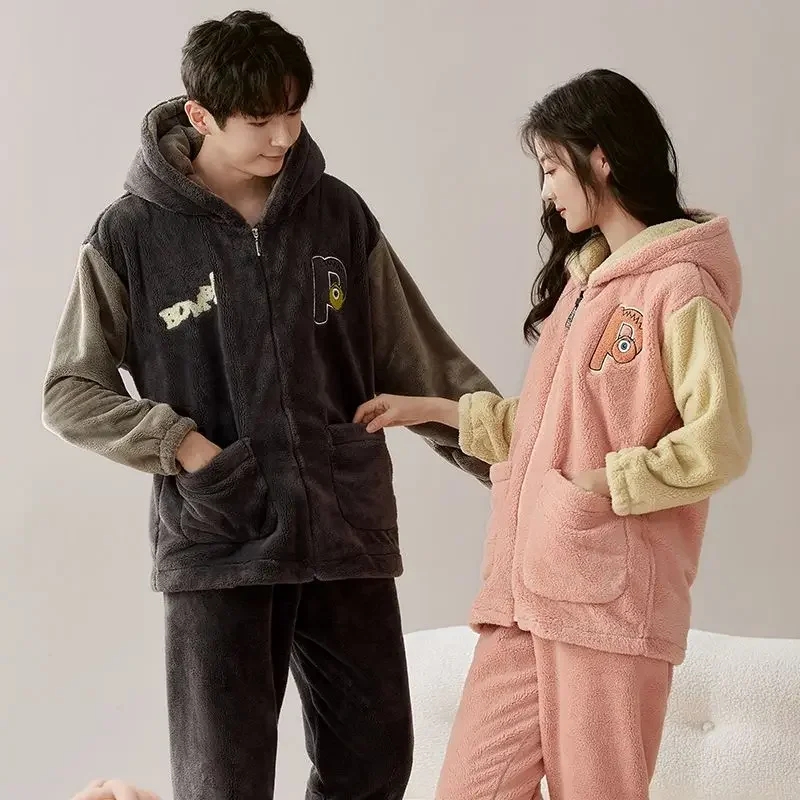 Couple Pajamas Winter Women Coral Fleece Fleece Lined Padded Warm Keeping Nightclothes Suit Men Loose Hooded Flannel Homewear