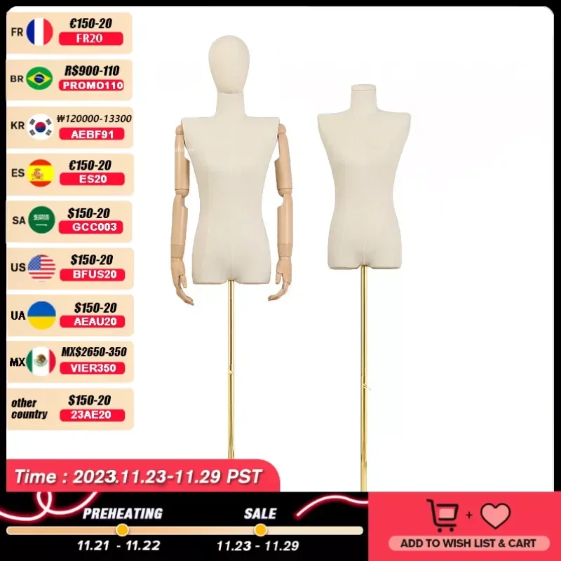 

Wooden Arm Cloth Cover Female Head Half Mannequins Metal Base Wedding Clothing Display Stand Adjustable Clothing Store Mannequin