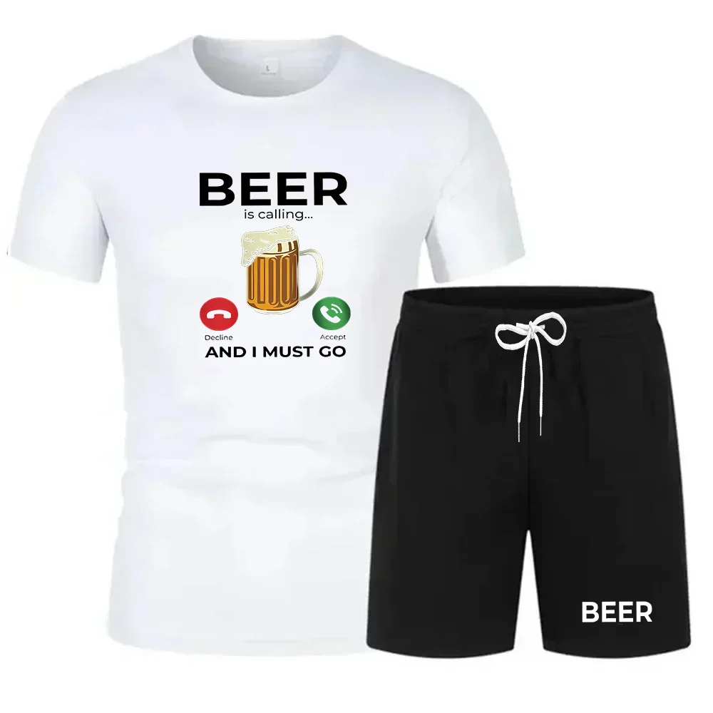 

Beer on the phone, printed men's T-shirt, fun graphic T-shirt, men's summer top, fashionable and casual two-piece set for men an