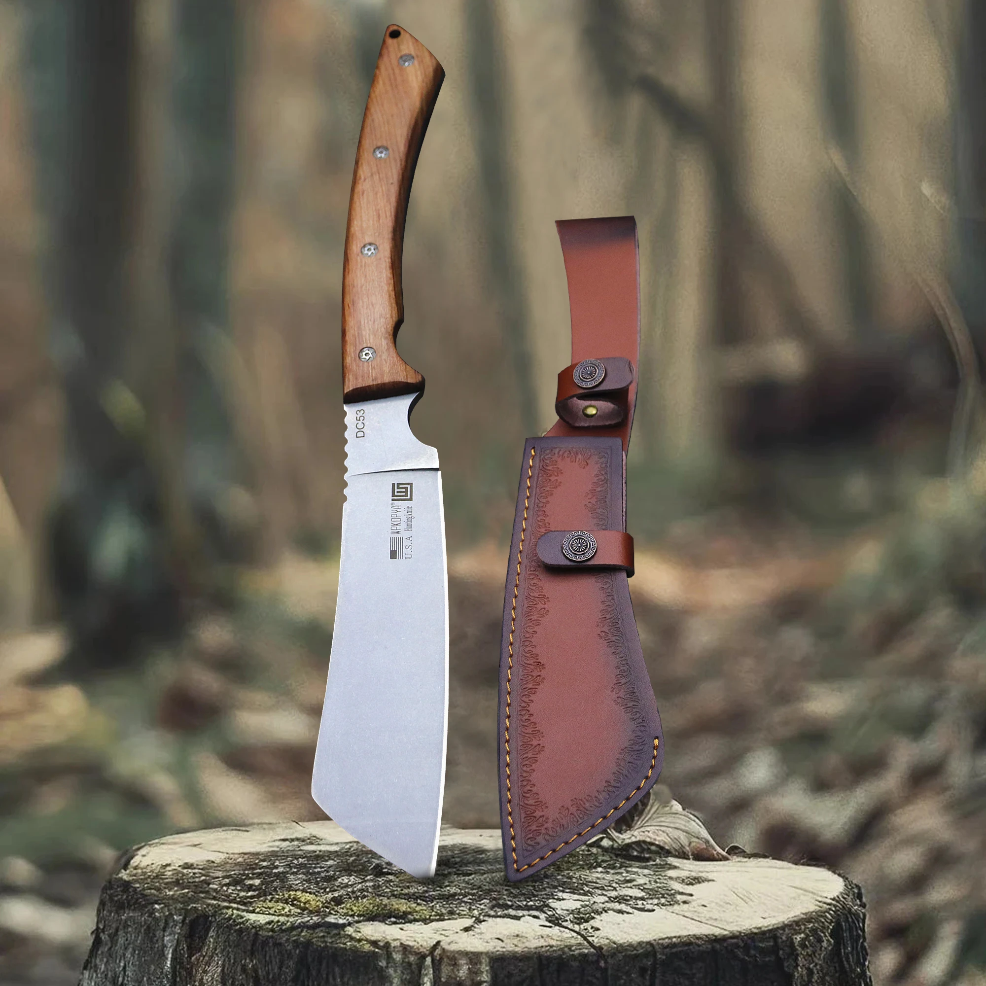 WPKOPYA U.S.A Multi-purpose All Tang DC53 High hardness firewood knife + sheath, forest logging knife, household farm tool knife