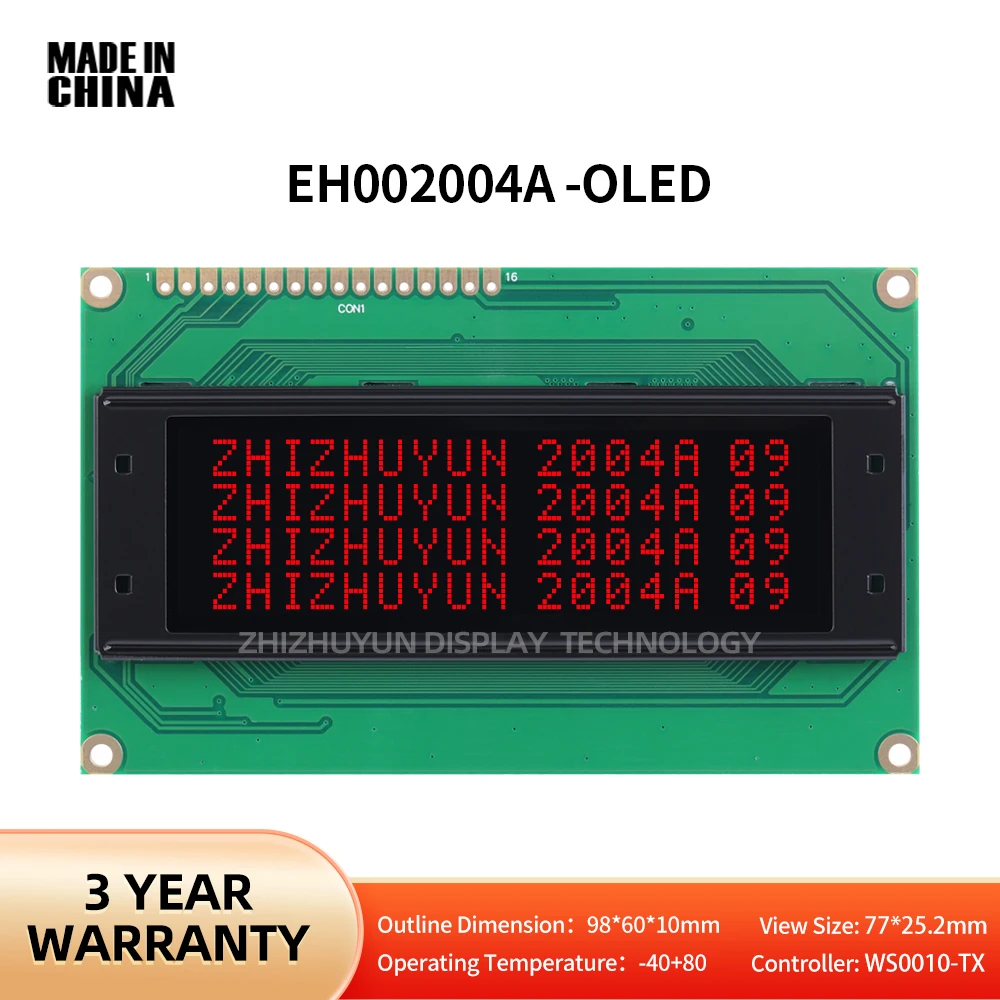 

OLED Display Screen Black Film Red Letter 20*4 Character LCD Module Display Built In WS0010 Working Temperature -40+80 EH002004A