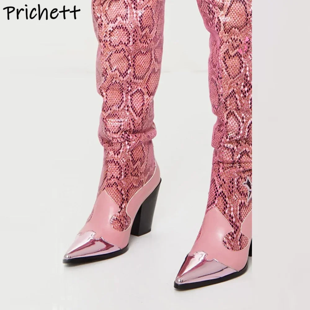 Pink Patchwork Snakeskin Boots Pointy Toe Chunky Heels Leather Over The Knee Boots Sexy Fashion Winter Runway Long Shoes
