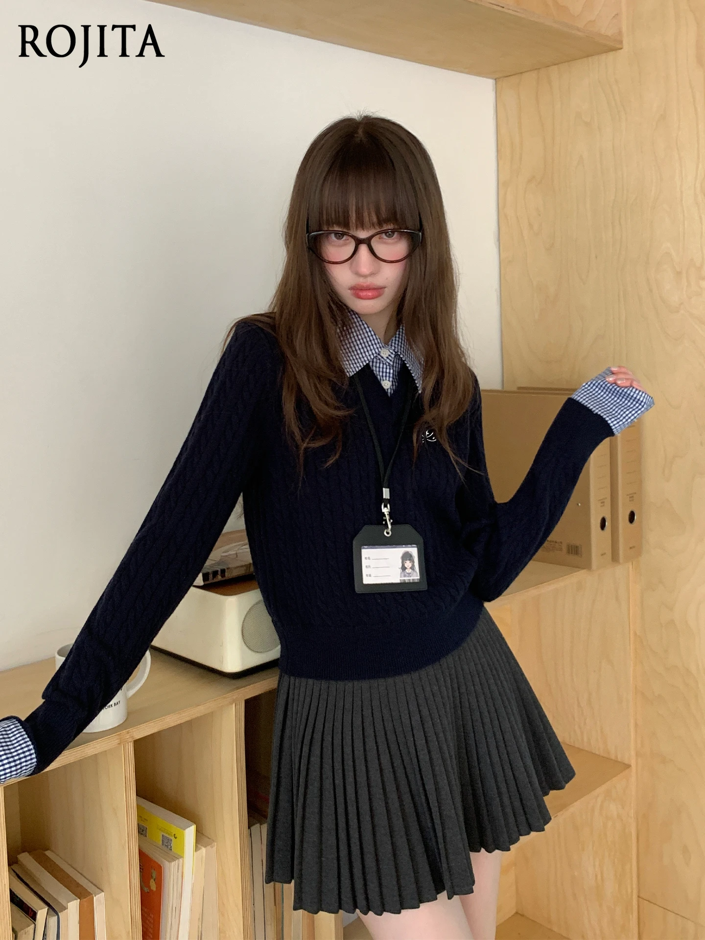 

Темно-синий свитер для женщин JK, осень-зима, новый искусственный двухсекционный вязаный свитер, топ в студенческом стиле для женщин