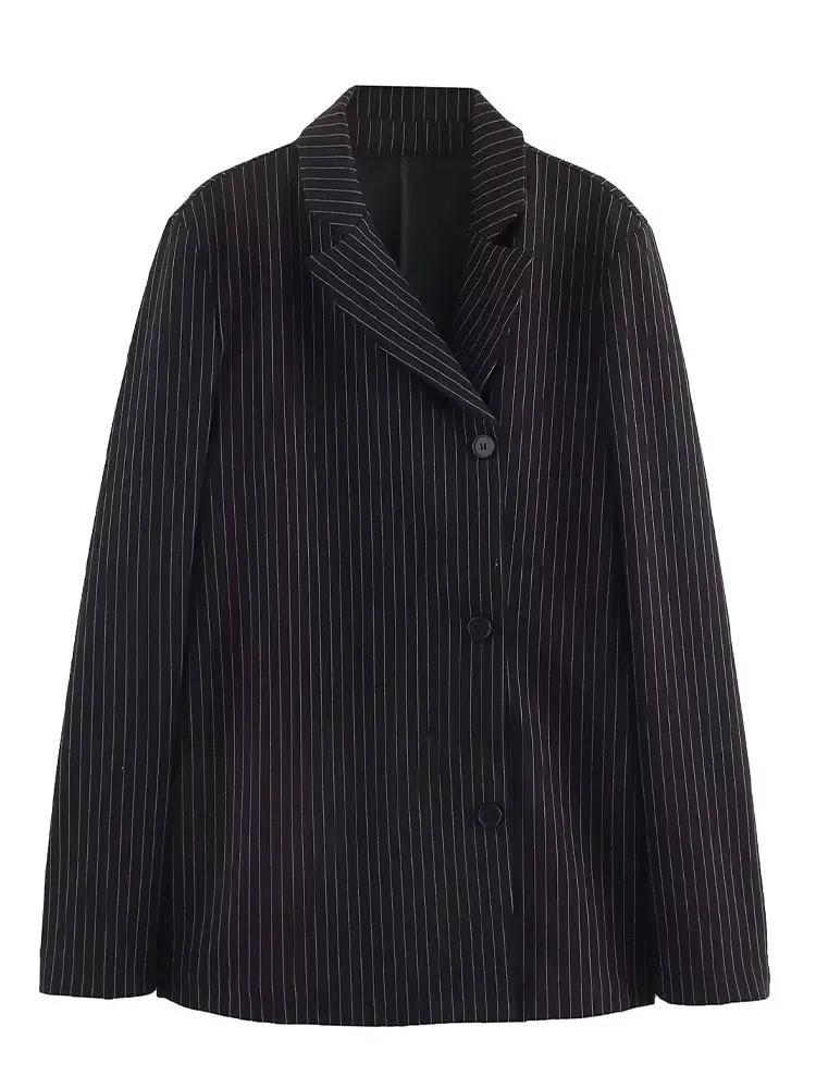 

HH женский шикарный весенний повседневный черный полосатый пиджак с отложным воротником и длинными рукавами, элегантная свободная однобортная верхняя одежда