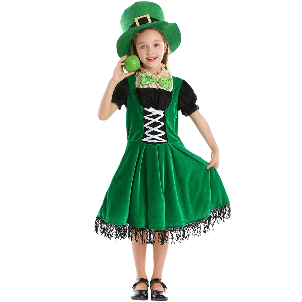 Girl Dresses St. Patrick's Day Costume for Child Green Dress Suit Vintage Holiday Dresses Kid Cosplay Costume Halloween Set