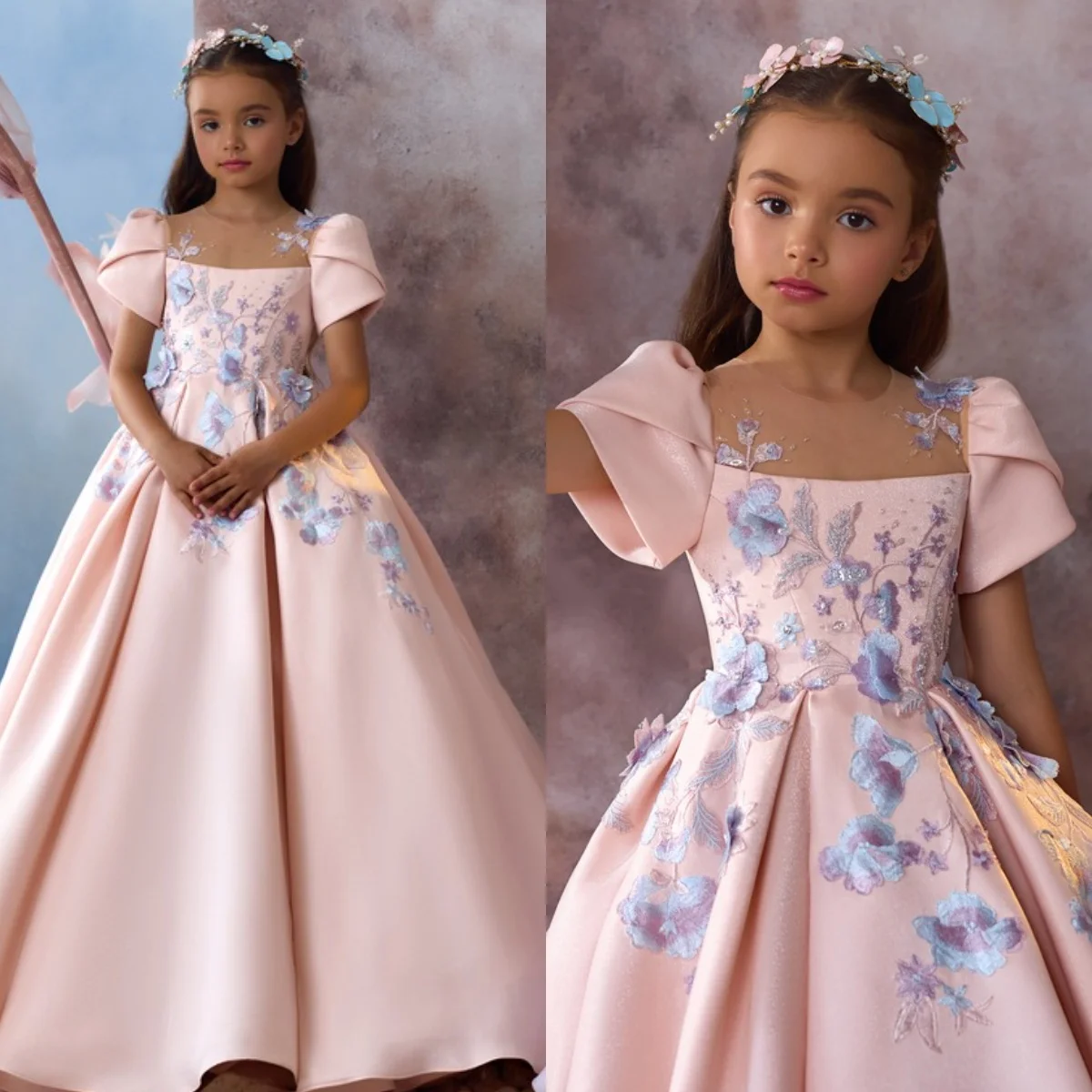 

Pink Floral Flower Girl Dresses Appliqued Baby Girl's Birthday Party Gowns Customized Soft Satin Kids First Communion Dresses