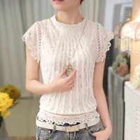 Summer Casual Solid Blouses for Women Petal Sleeve Floral Lace Tops Sweet Chiffon O-neck Short Shirts Elegant Chic New 01C - Image 2