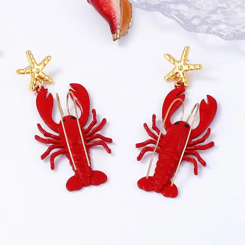 Pendientes creativos de langosta pintados con bigotes largos, estilo océano, pendientes únicos de estrella de mar, colgantes de animales de dibujos animados rojos para mujer