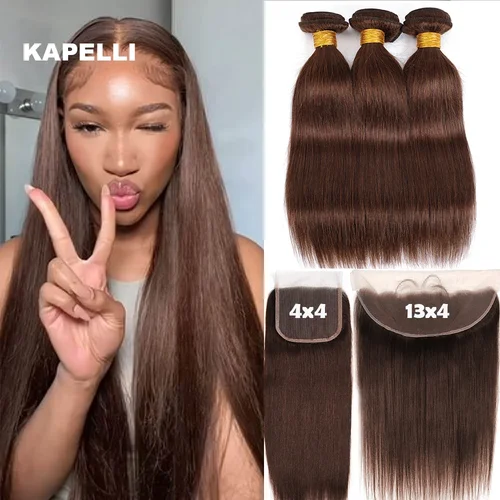 Imagen 1 del producto # 4 extensiones de cabello humano liso con 4x4 13x4 HD encaje Frontal 100% mechones de cabello humano postizo y extensión de cabello con cierre cabello Remy