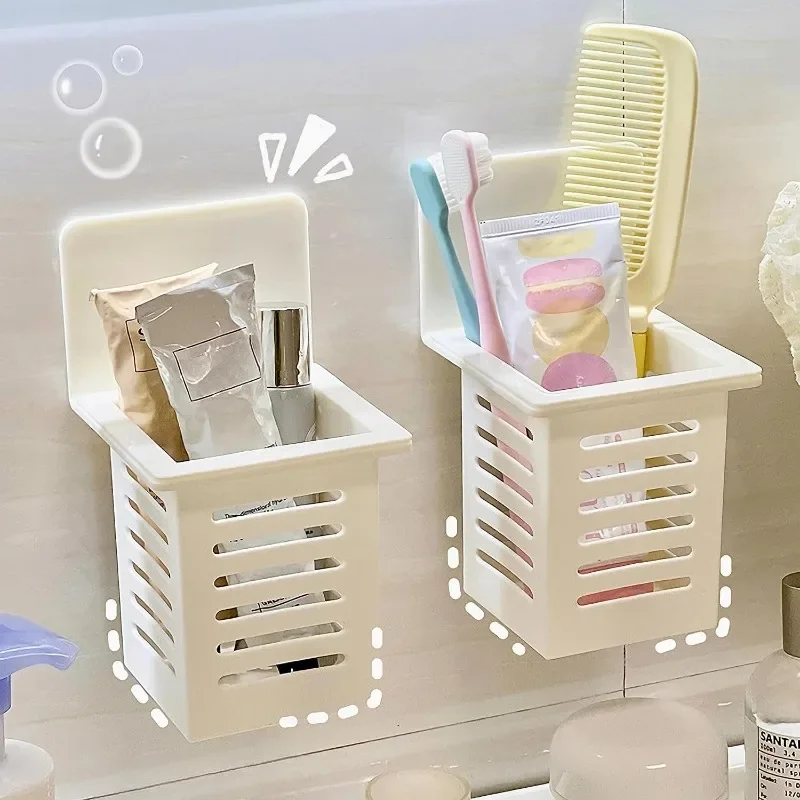 1PC Multi-functional wall-mounted organizer hole-free toothbrush chopsticks sundry organizer household storage basket