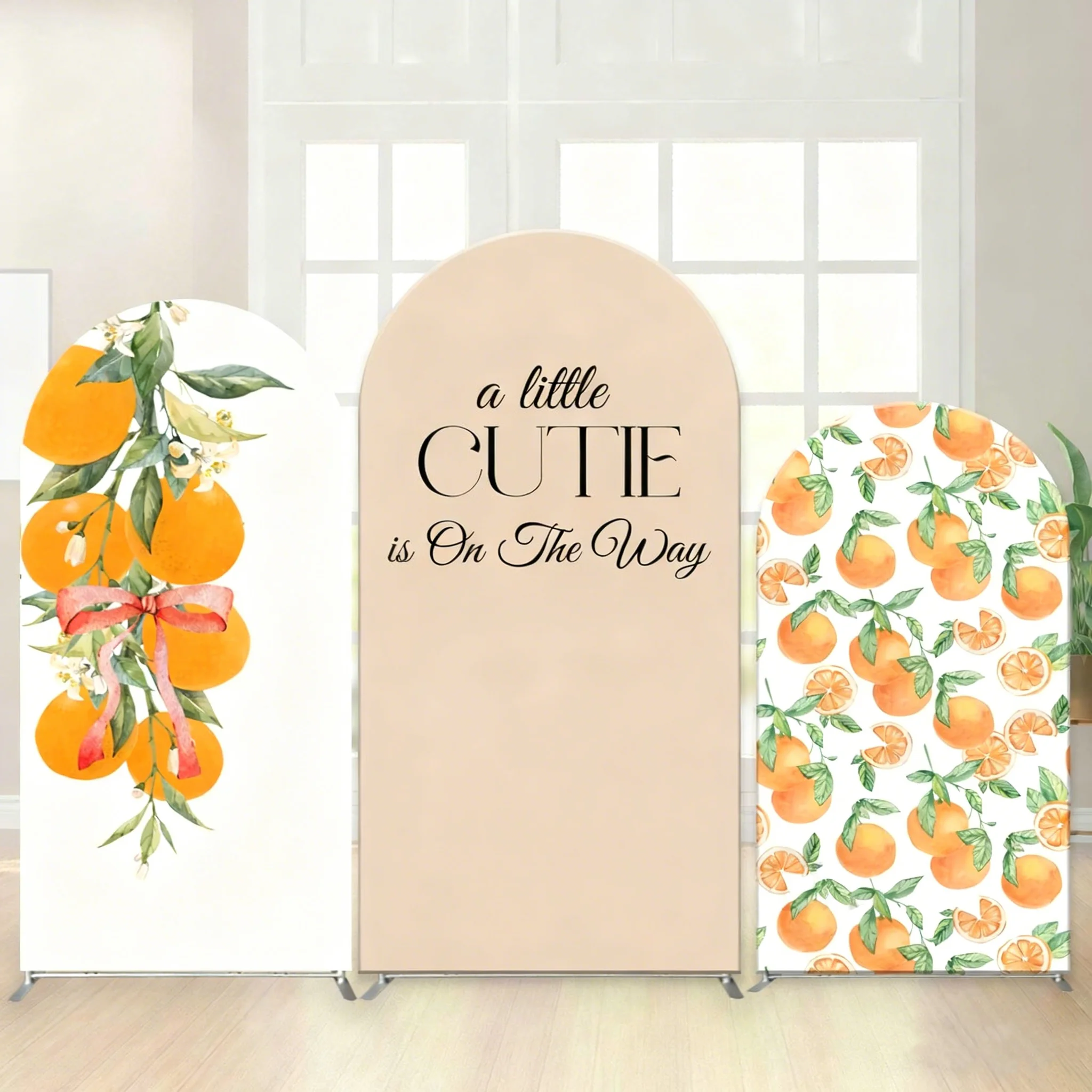 

LS Custom 2-Sided A Little Cutie Is on The Way Orange Kid Birthday Baby Shower Cover Chiara Arch Background Decor Backdrop