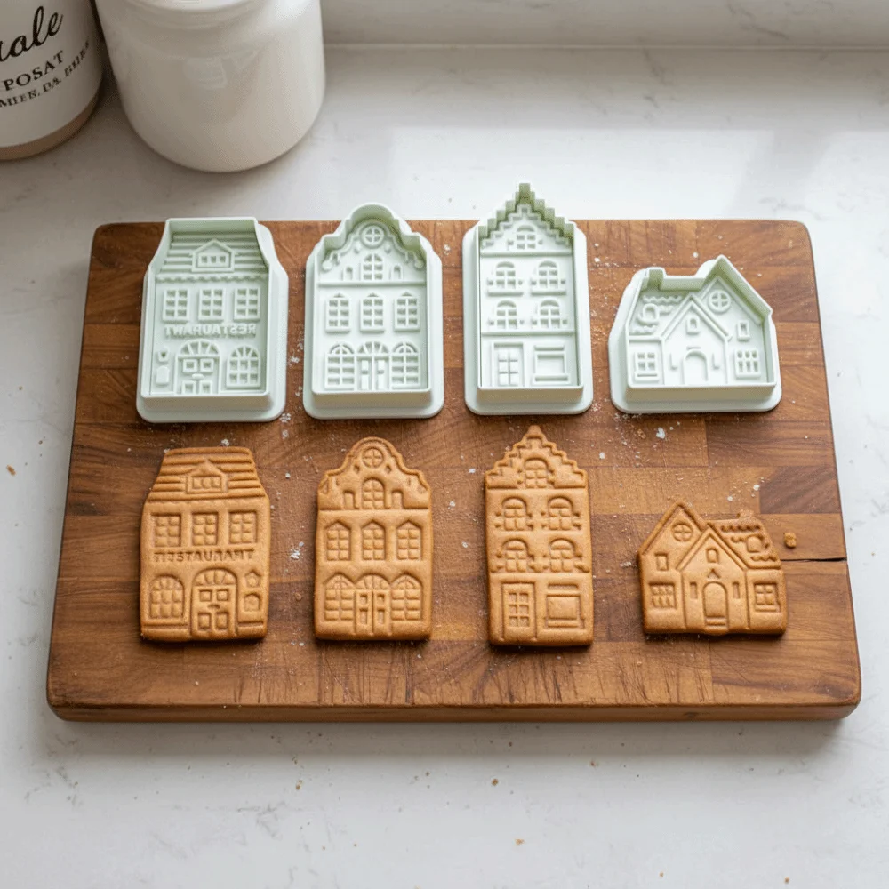 4 Piece 3D Embossed Christmas Gingerbread House Cookie Cutter Easy De-molding Spring Press Design Cookie Mold Cartoon Green
