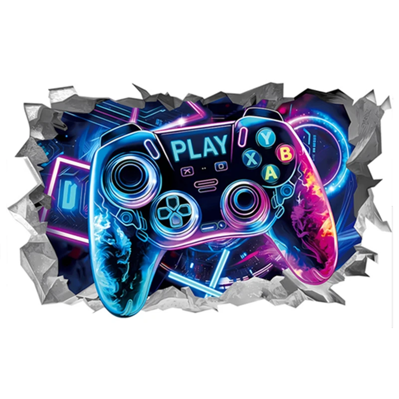 Geometric Space Gaming Mural Glow Gamepad 3D Vinyl Wall Stickers for Home Kids Bedroom Gamer Room Decoration Sci-fi Game Poster