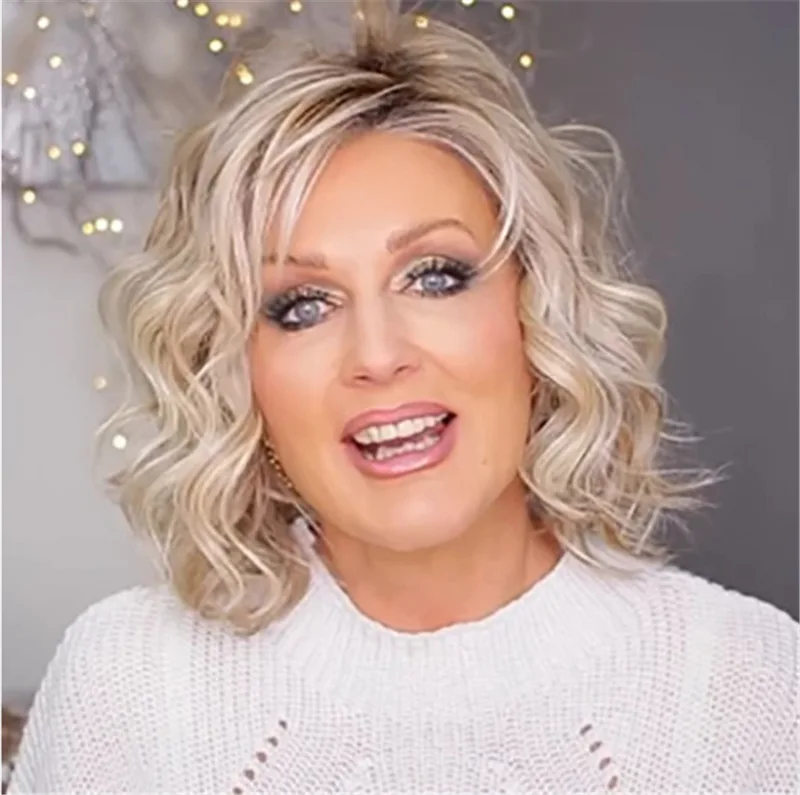 

Женский модный светло-золотистый волнистый парик средней длины из термостойкого синтетического волокна