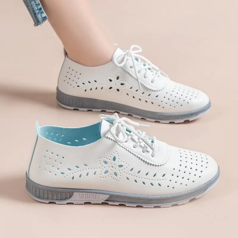 

Women Shoes Summer Mesh Shoes Breathable Hollow Out Sandals Women Casual Soft Leather Shoe Lace Up Loafers Oxfords Zapatos Mujer