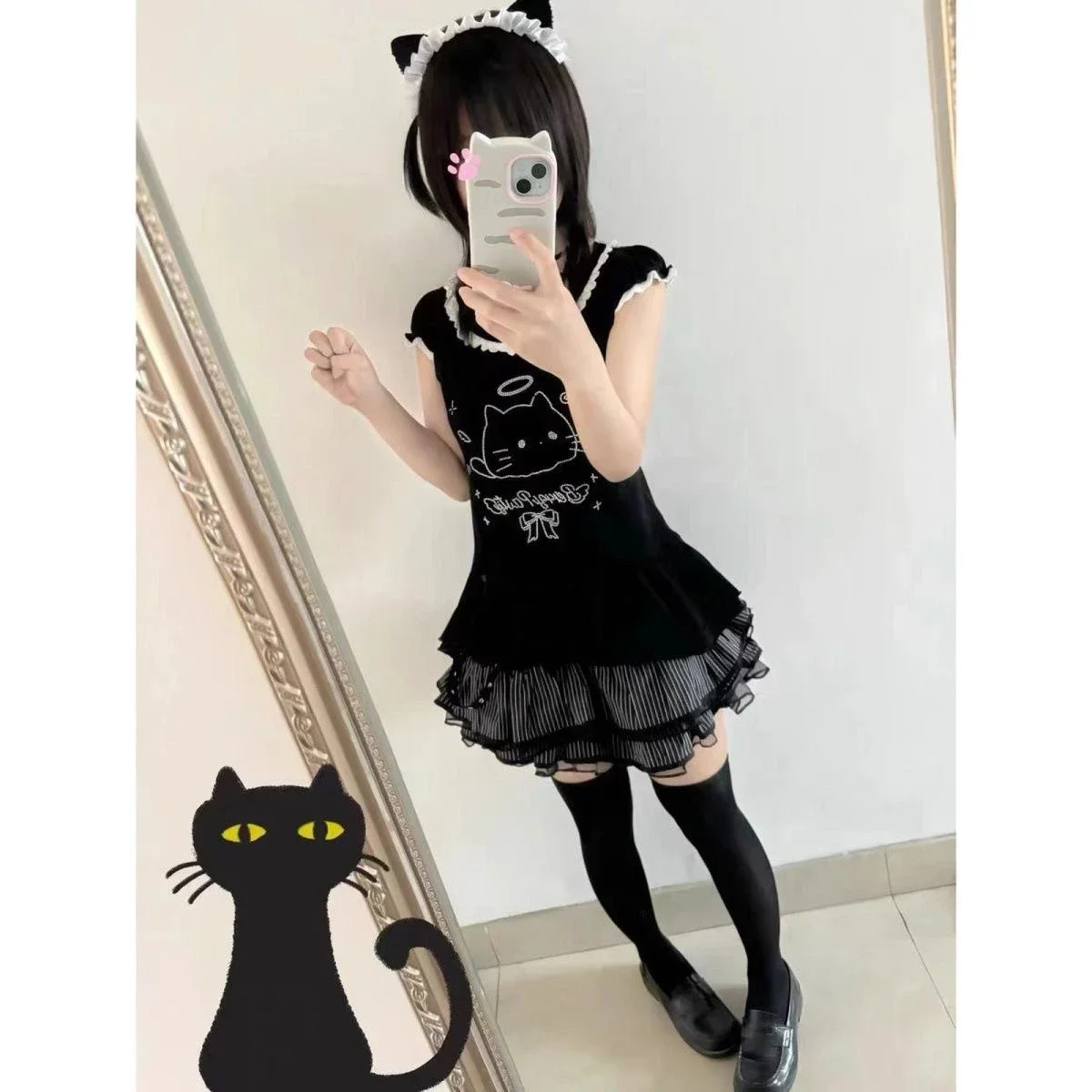 Japanese Y2k Sweet Girl Style Black Tops Lace Bow Print T-shirt and Puffy Black Gray Short Skirt Two Piece Sets Womens Outifits