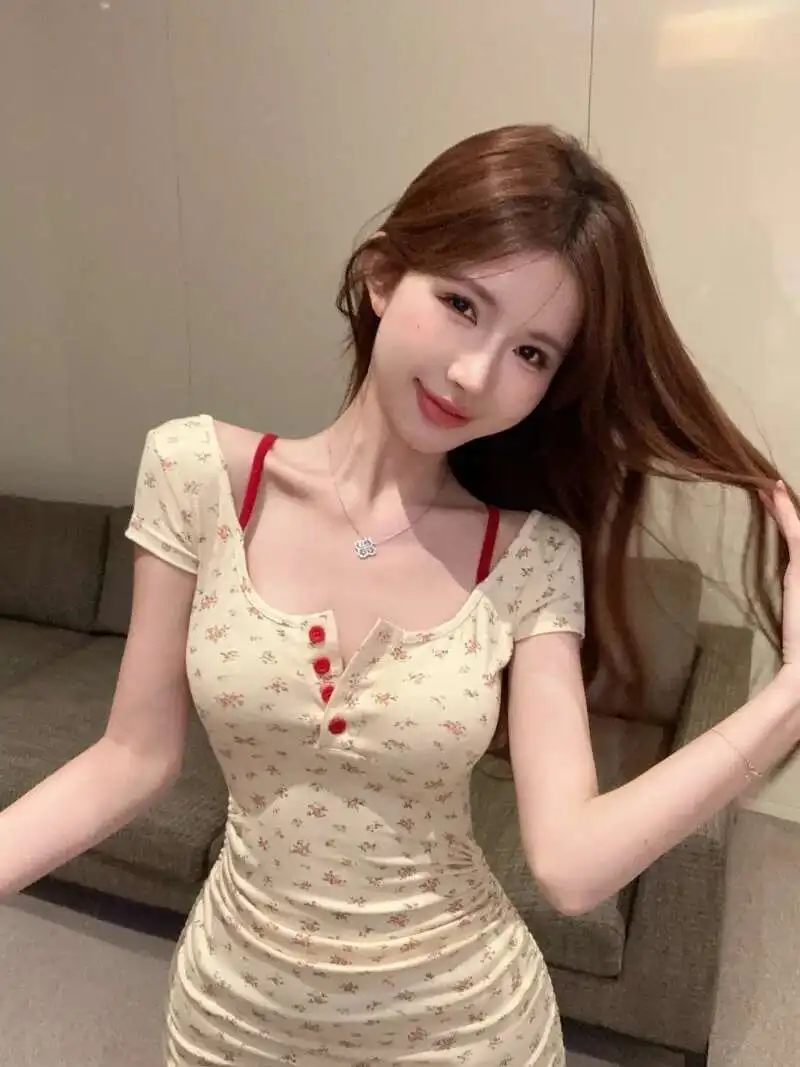 Sense Women Design Pure Desire Fake Two Pieces Fashion Sweet Printed Slim Wrap Hip Backless Hong Kong Style Pleated Dress EFQG