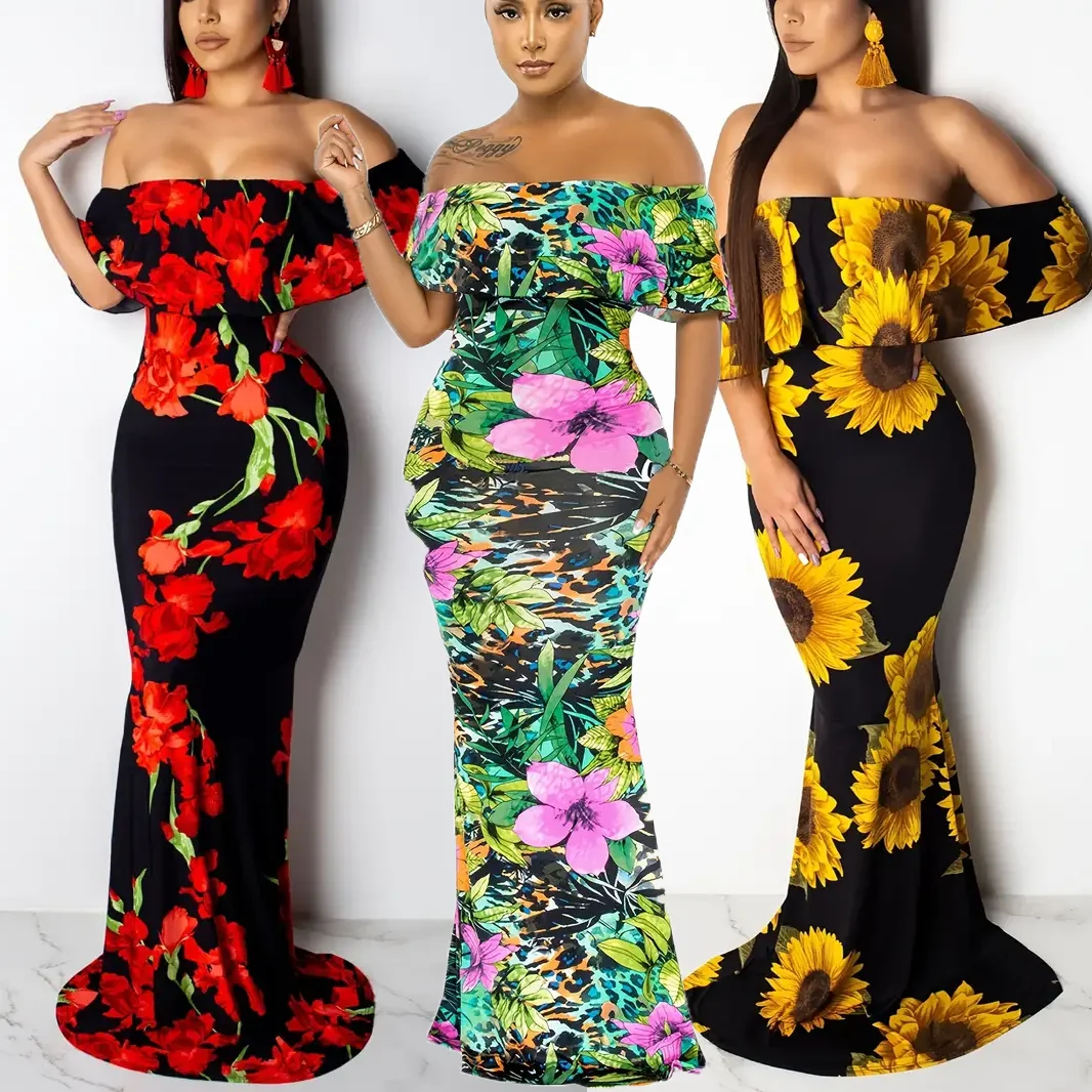 Vestido largo hasta el suelo de poliéster de manga corta con hombros descubiertos y cuello oblicuo sexi sin tirantes con estampado Floral de girasol rosa para mujer