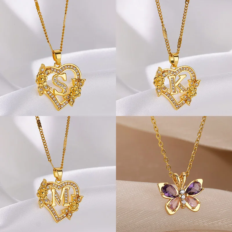 

Zircon Stainless Steel Heart Flower Letter Necklaces For Women Gold Color A-Z Letter Heart Necklace Wedding Jewelry Gift