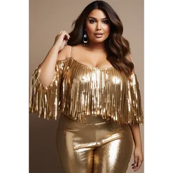 Plus Size Party Gold Spring Summer Open Shoulder Short Sleeve Strappy Fringe Metallic Blouses