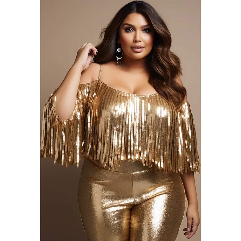 Plus Size Party Gold Spring Summer Open Shoulder Short Sleeve Strappy Fringe Metallic Blouses