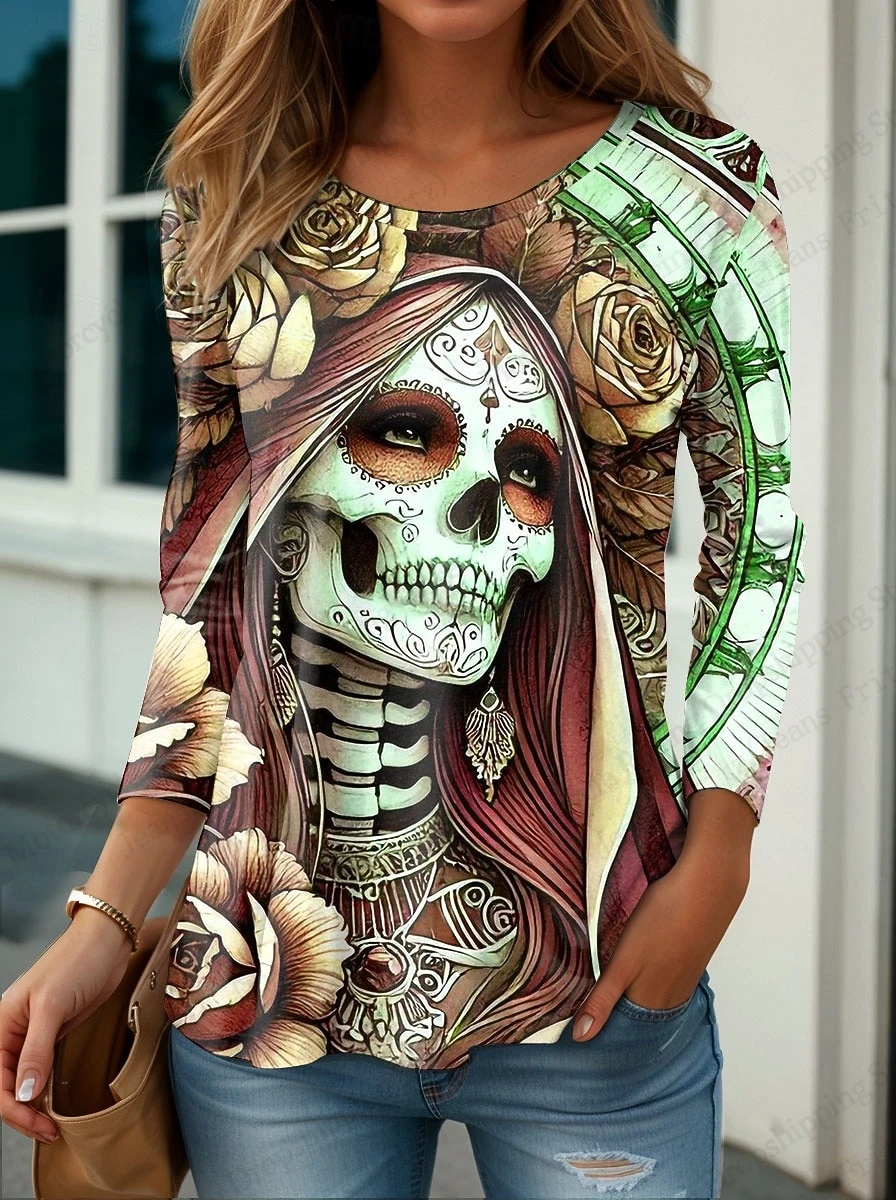 المرأة تي شيرت الأزهار الجمجمة خمر ثلاثية الأبعاد طباعة طويلة الأكمام تي شيرت المرأة موضة المتضخم الميت بلايز تيز ربيع خريف شتاء #5