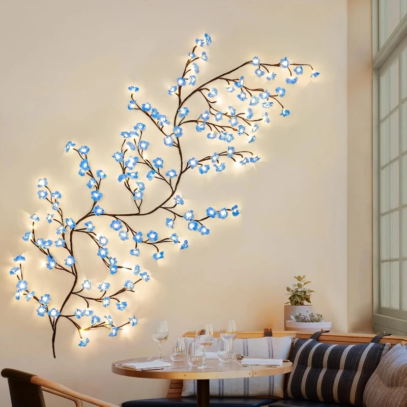 72LED Blue Cherry Blossom Vine Branch String Lights, USB Powered 8‑Mode Fairy Lights for Bedroom Home Decoration