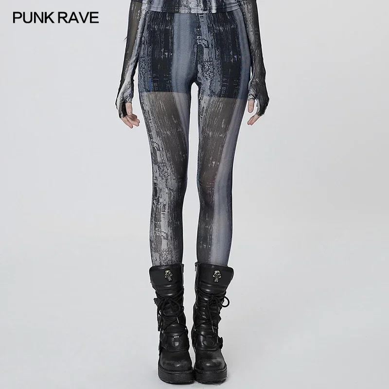 PUNK RAVE Women's The Post-apocalyptic Printing Techwear Tight Mesh Leggings Personality Trousers Women 2 Colors