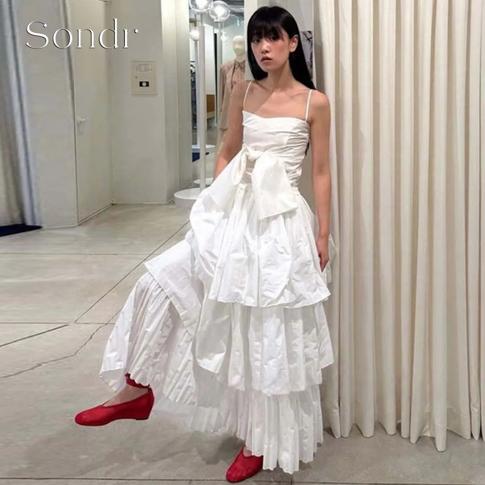 

Sondr Customized A Line Taffeta Wedding Dress Korean Bow Spaghetti Straps Evening Dresses Back Corset Floor Length Prom Gown