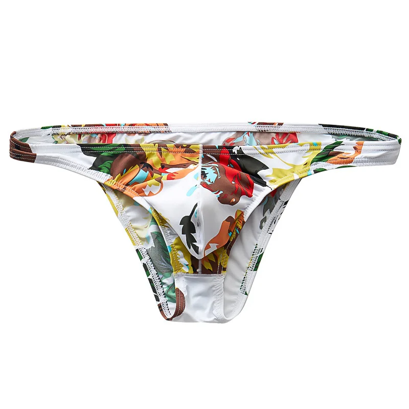 Men's Printed Ice Silk Briefs Slim Fit Breathable Elastic Low Waist Sexy One-piece No Trace Underpants