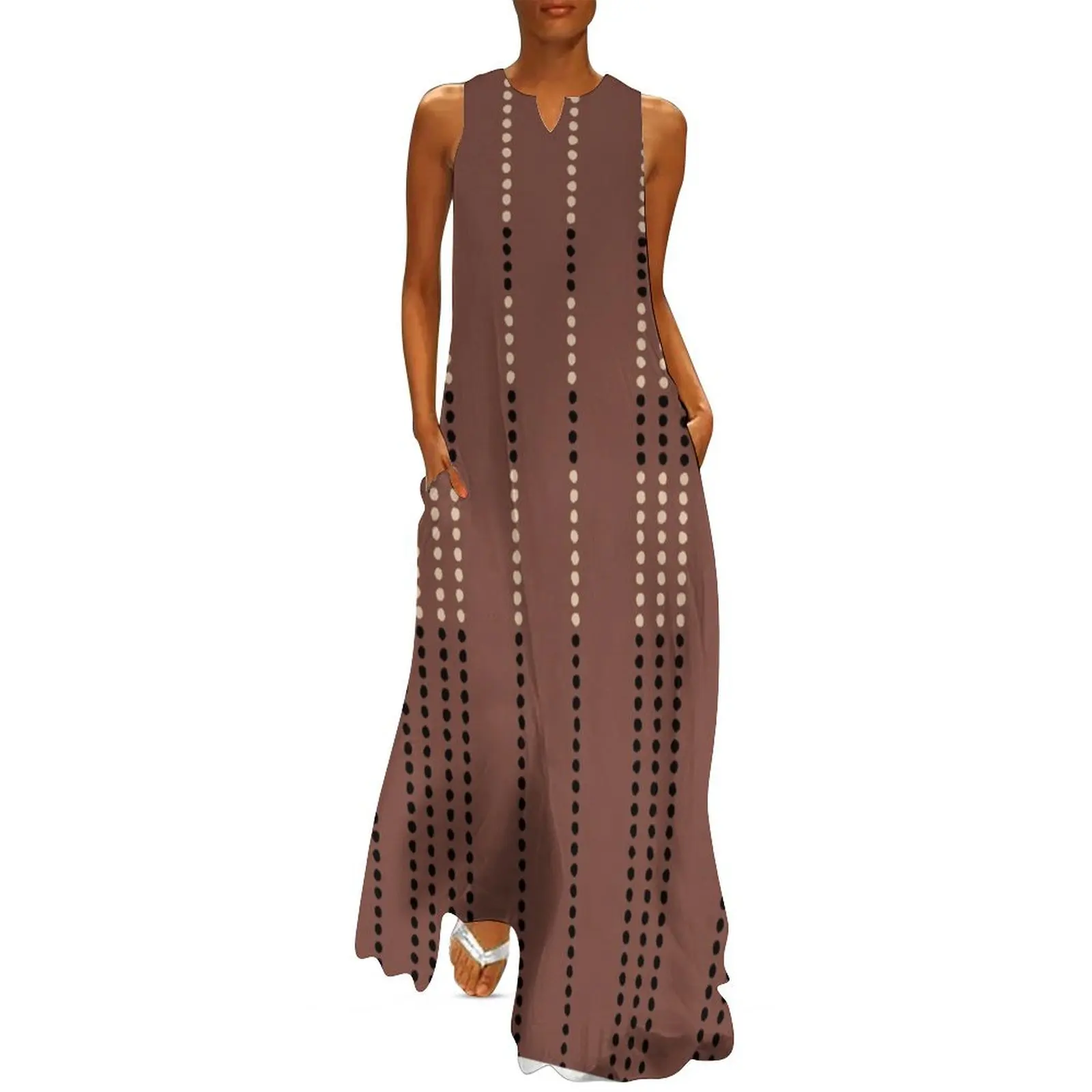 Ethnic Amazonian Spotted Stripes, Dark Terracotta, Black and Ivory Long Dress dress women summer 2024 womens clothing