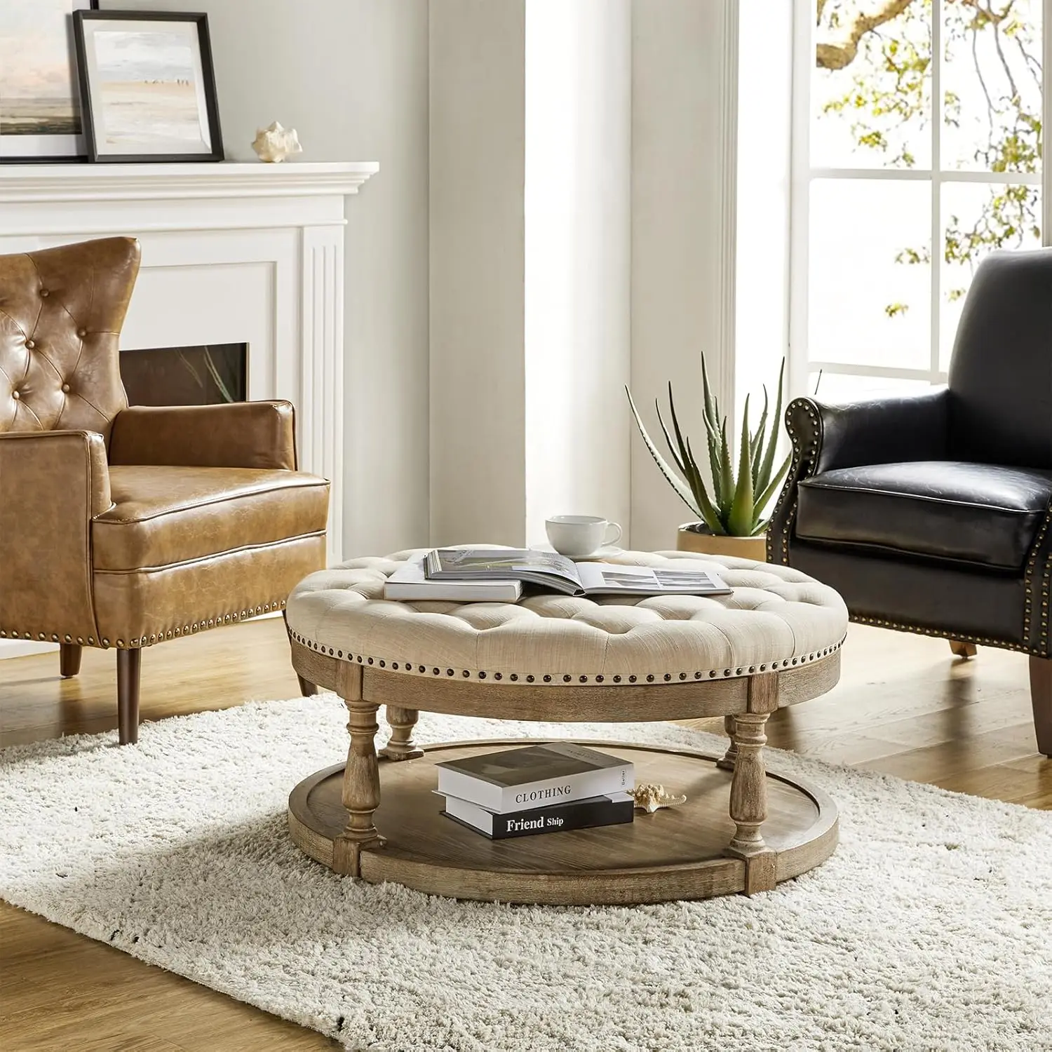 Large Round Ottoman Coffee Table with Storage, Button Tufted Cocktail Ottoman with Shelf & Solid Wood Legs