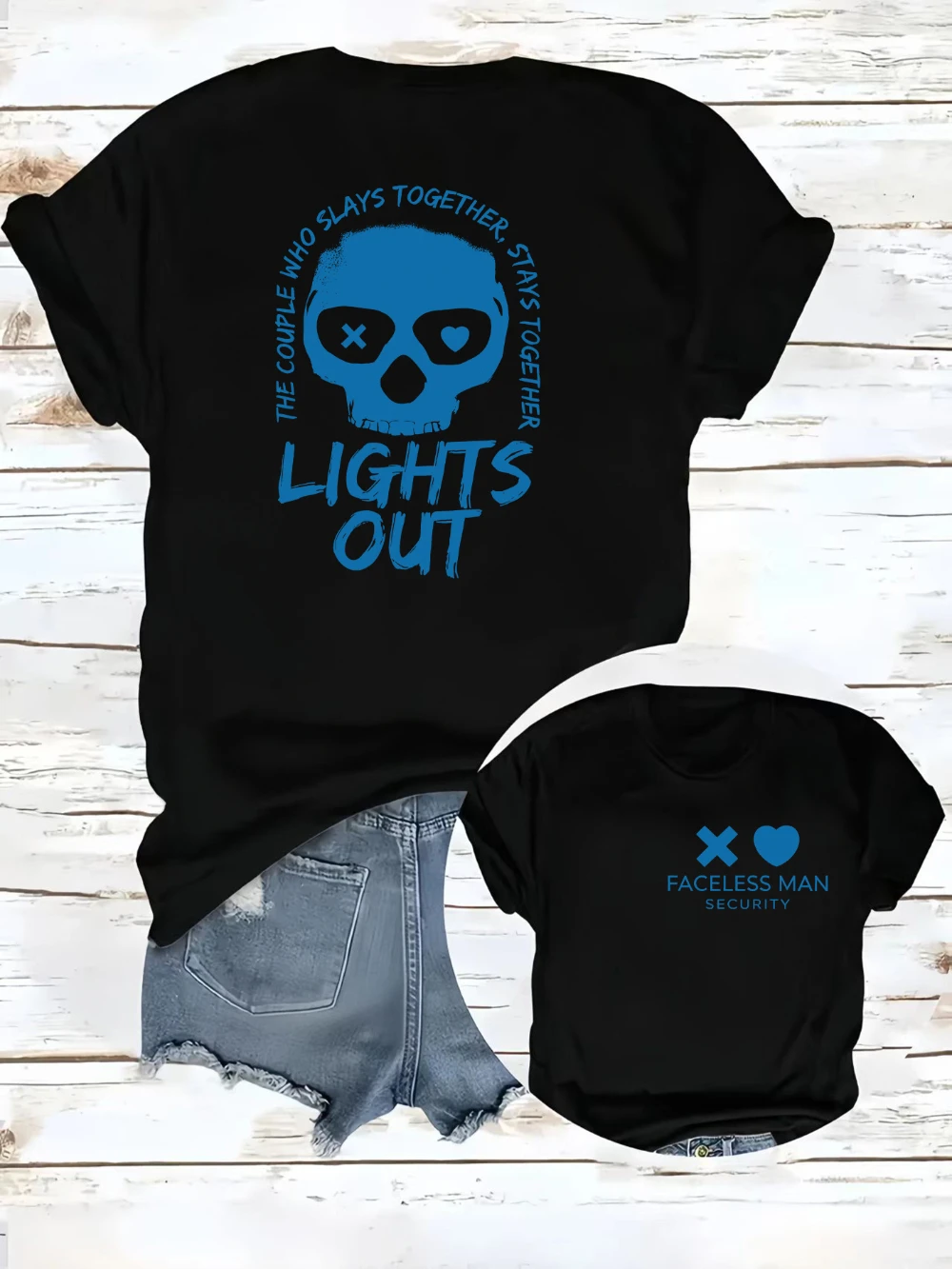 A dark romance novel-themed T-shirt with a print of 