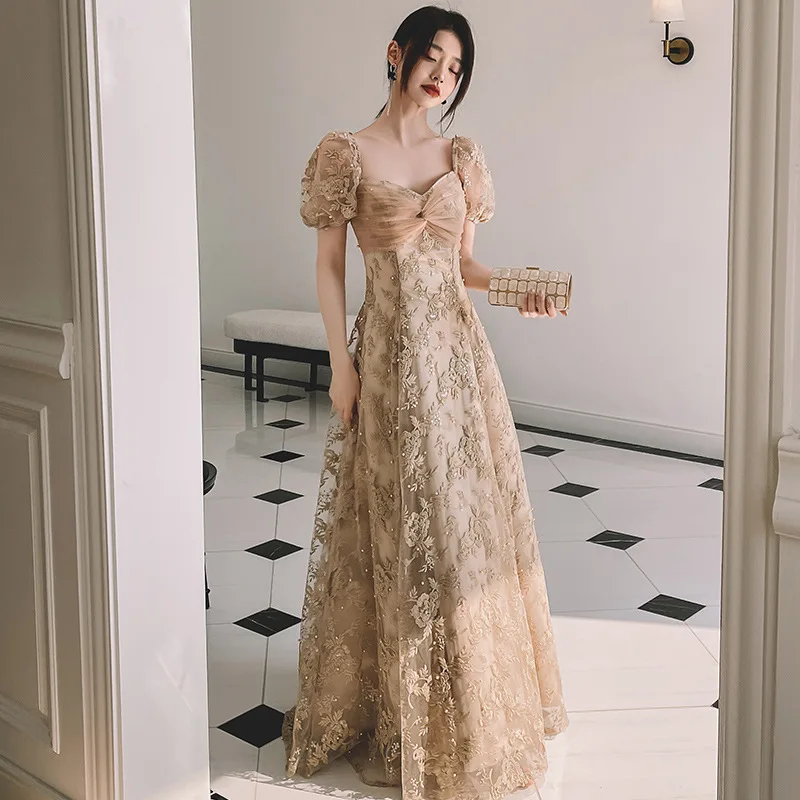 French Style Square Collar Evening Dress Women 2023 New Banquet  Celebrity Prom Dresses Elegant Beadding Appliques Party Gown