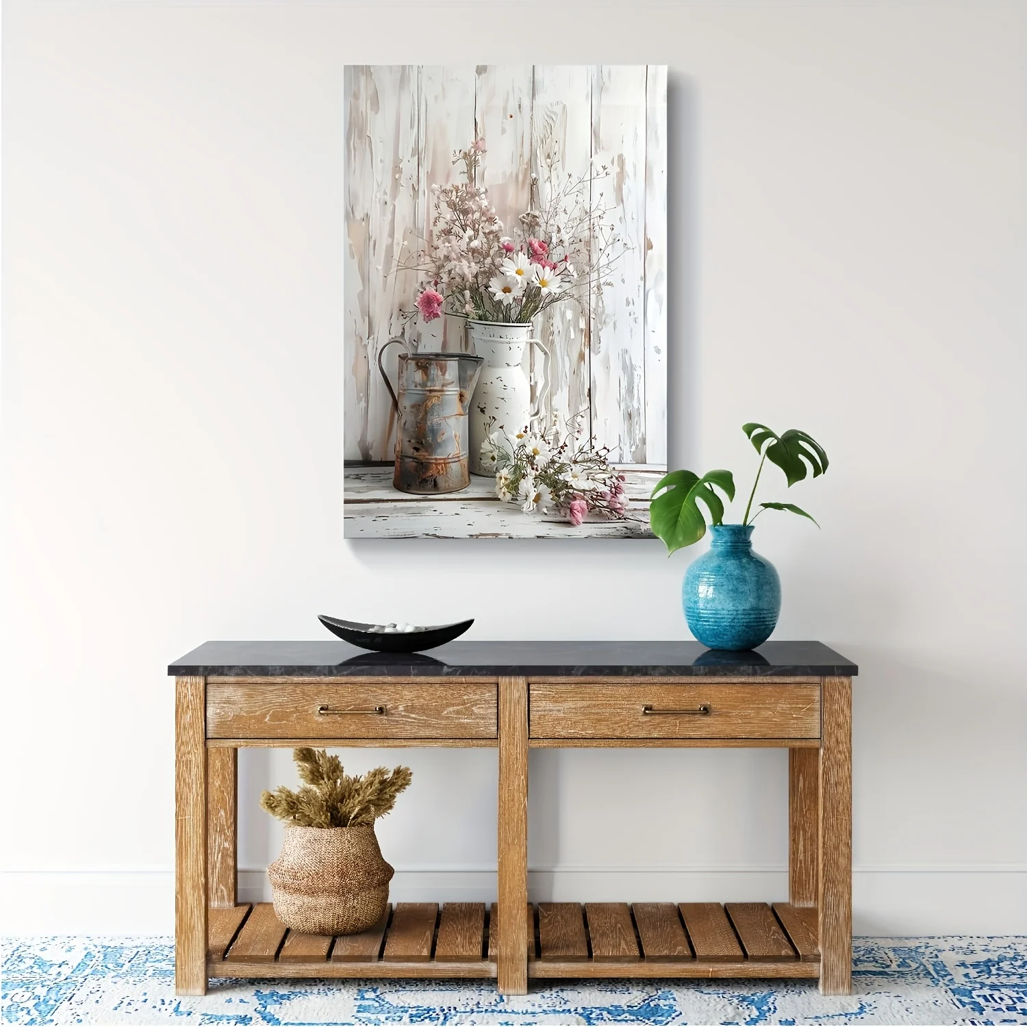 Rustic Floral Canvas Print with No Frame - Country Style White Wood Grain Room Decor, Jasmine Red Lily and Rusty Water Pipe Pain