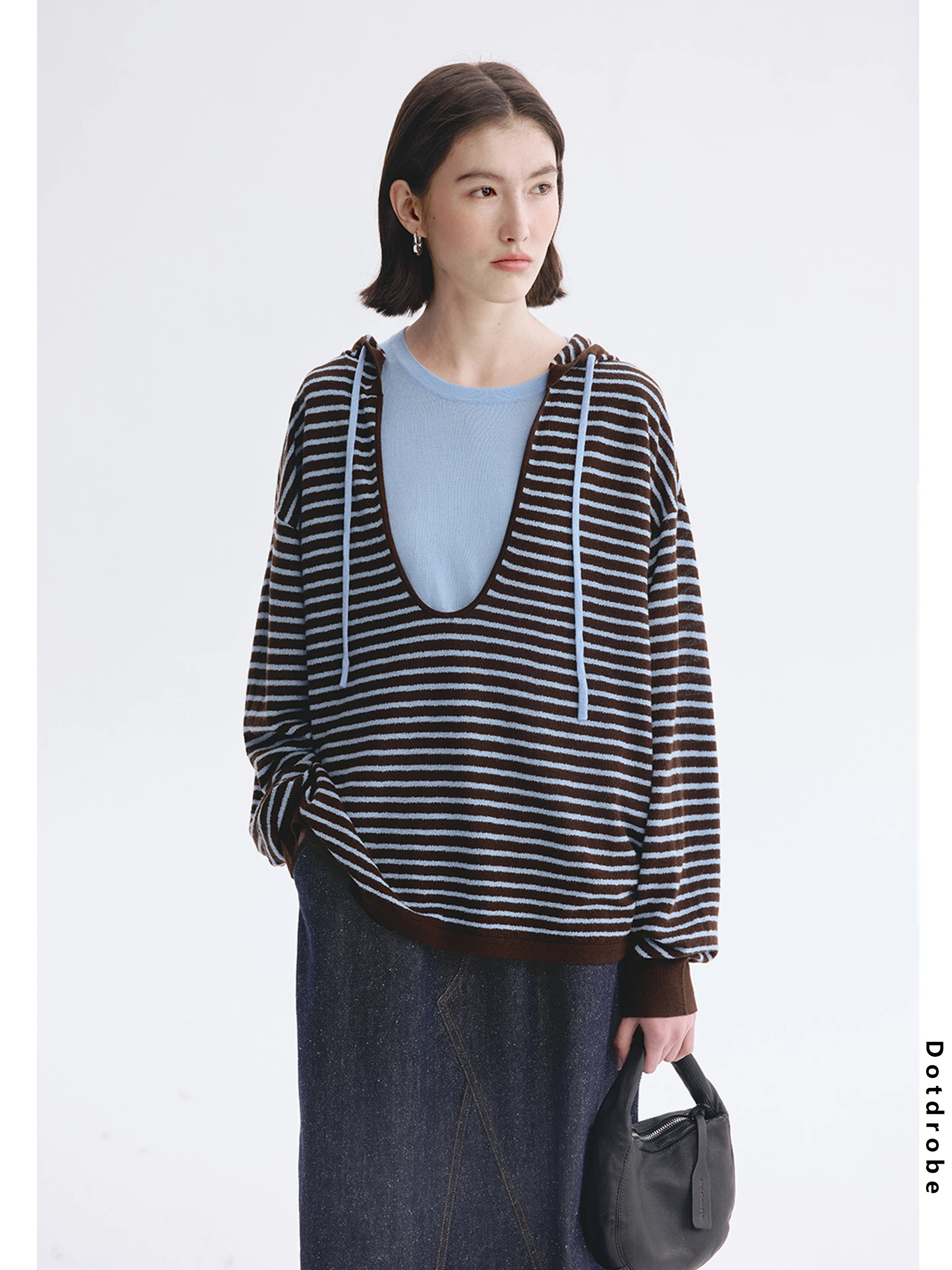 

DotDrobe Women's Loose Knitted Wool Blend Vest Two-Piece Set Spring U-Ne Pullover Casual Sle Long Sve Hoodie Striped