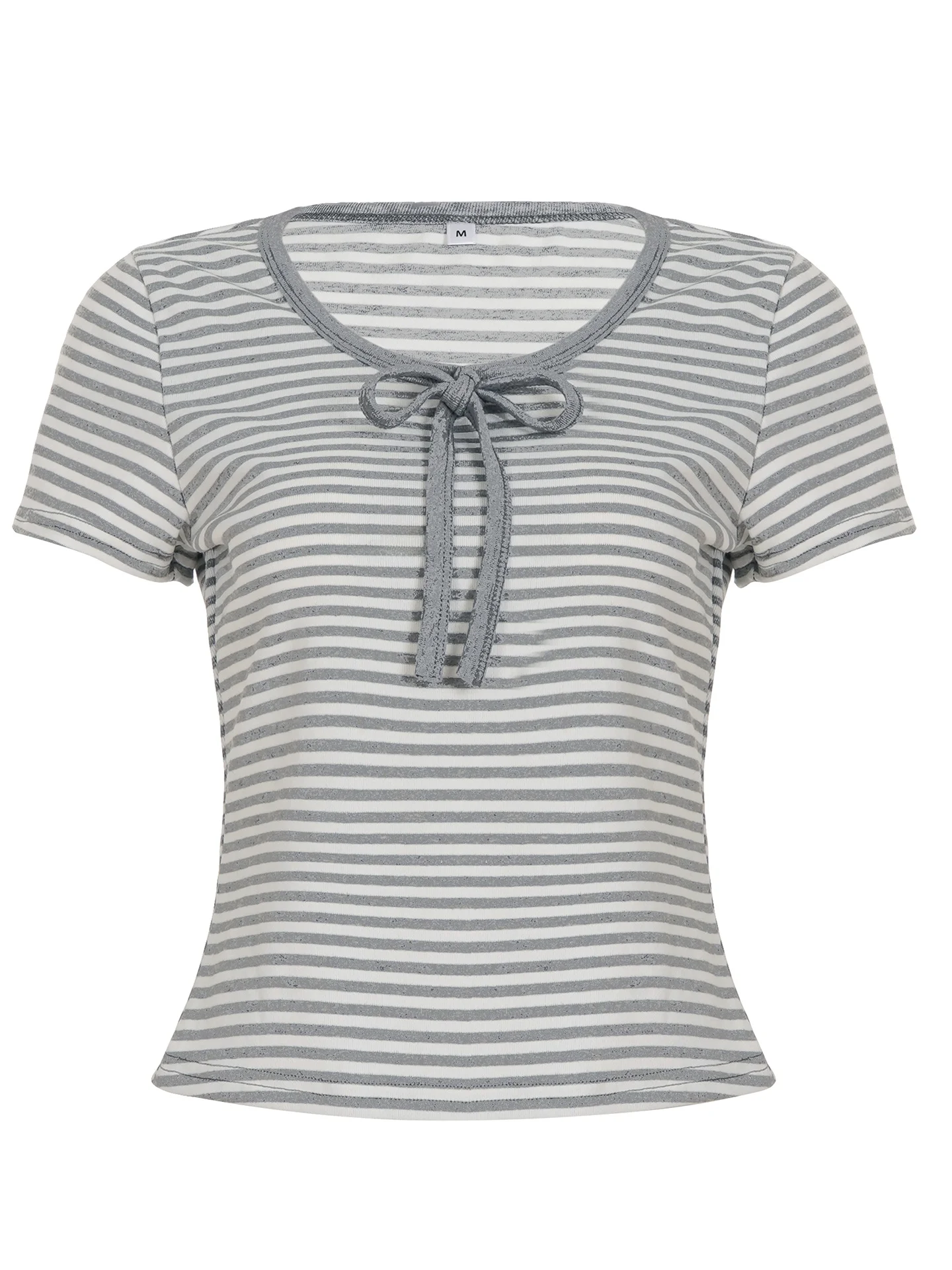 

WEEKEEP Casual Versatile Color Blo Stripe Knot ort Sve round Ne Knitted T-irt Women Slim Fit Street Sl...