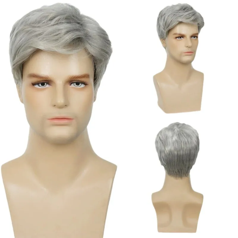 

Men's Fashionable Fluffy Short Men Curly Gray Wigs+Wig Cap