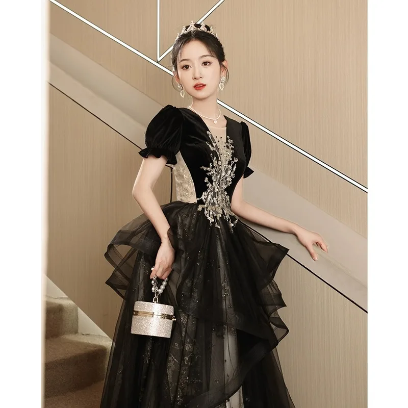 Abito da sera nero per donna Esame d'arte Host Banchetto Temperamento di fascia alta Interesse speciale Abbigliamento autunnale da socialite di lusso leggero