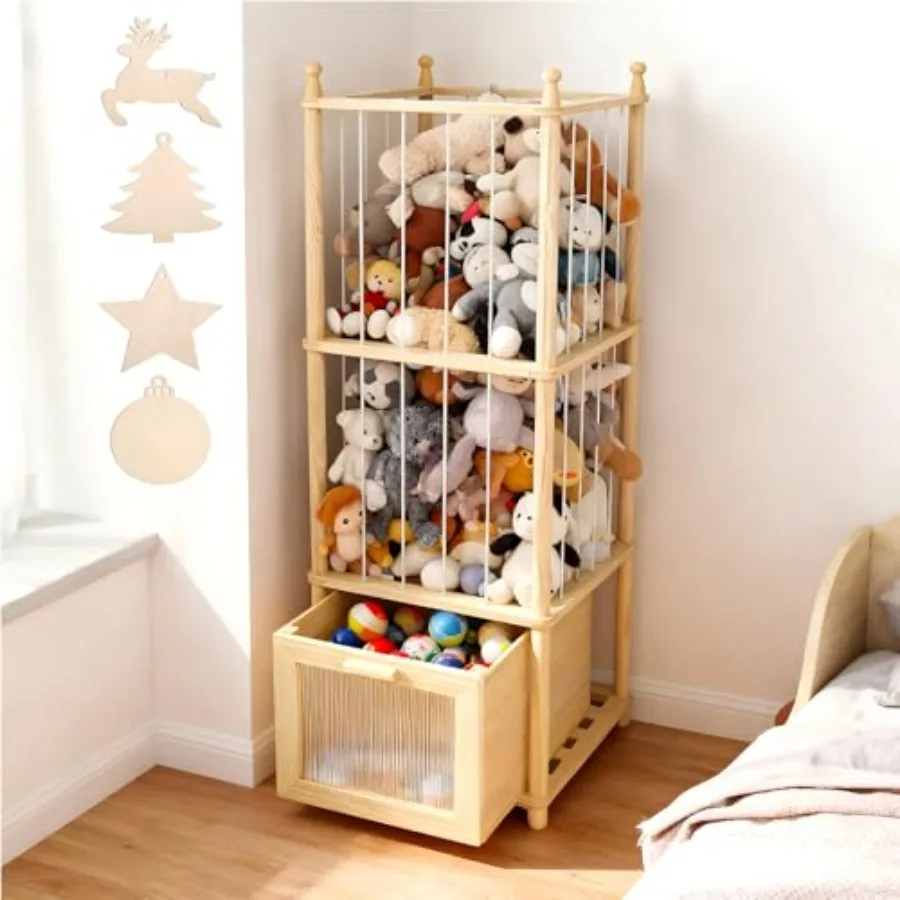 

Stuffed Animal Storage with Clear View Drawer for Nursery and Playroom - Wooden Organizer for Plush Toys Balls Blocks in Christ