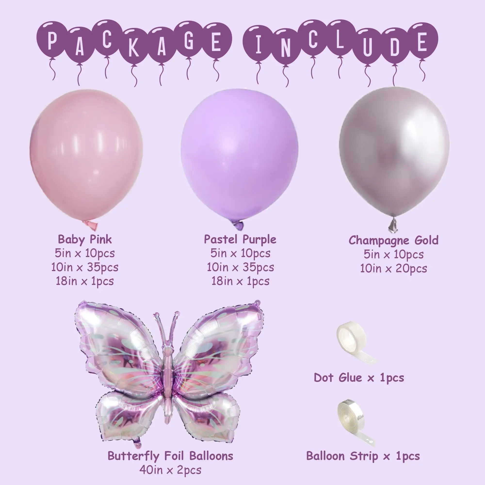 Pink Purple Balloons Arch Garland Kit with Lavender Foil Butterfly for Girl's Birthday Party Wedding Mother's Day Decoration